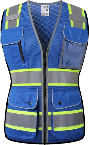 Vista 8 de Chaleco de seguridad reflectante para mujer, chaleco de malla de alta visibilidad con 8 bolsillos y cremallera frontal, chaleco de alta visibilidad