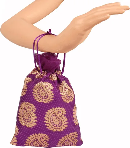 Vista 6 de Touchstone Bolsas con cordón de tela tradicional india hecha a mano brocado. Perfecto para regalos, bolsas de joyería, monederos Potli.