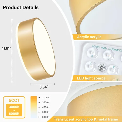 Vista 4 de Lámpara de techo LED dorada regulable, 2700K-6000K 5CCT en una moderna lámpara de techo de montaje empotrado, lámpara de techo redonda minimalista