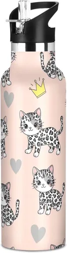 Water Bottle for Kids with Straw Leakproof Insulated Water Bottles 20oz, BPA-Free, Cute Black White Leopard Kittens
