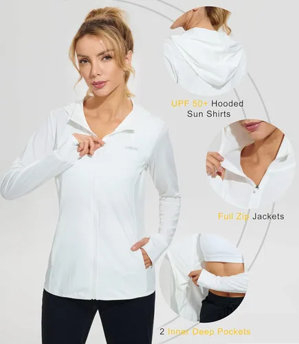 Vista 4 de Libin sudadera con capucha para mujer, con cremallera completa, UPF 50+, capucha con protección solar, de manga larga, para senderismo
