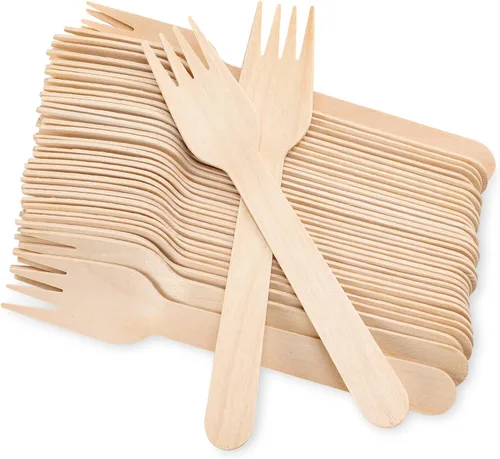 Vista 3 de Juego (100 unidades) de tenedores de madera desechables - Alternativa al plástico, juego de cubiertos ecológico, biodegradable, compostable - Juego