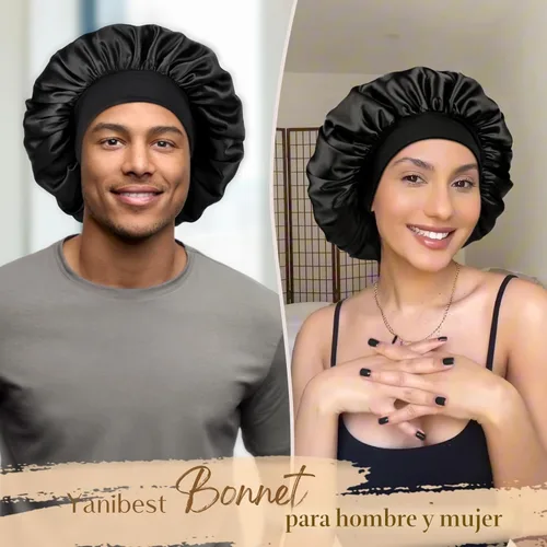 Vista 2 de YANIBEST Gorro de seda para hombres y mujeres, gorro de satén de doble capa para cabello rizado natural, gorro de dormir unisex