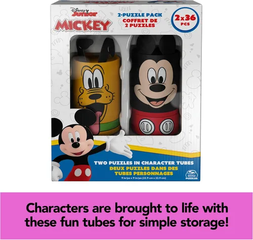 Vista 3 de Spin Master Games, Rompecabezas de Disney, Mickey Mouse, paquete de 2, 36 piezas, rompecabezas en tubos de almacenamiento, juguetes de Disney, casa