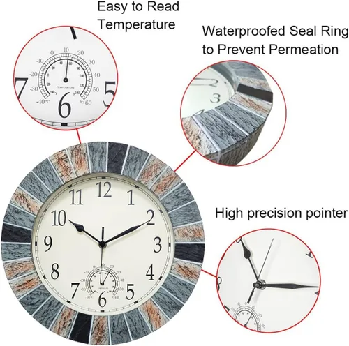 Vista 4 de UMEXUS Reloj para exteriores con termómetro, 13 pulgadas, retro, grande, impermeable, para interiores, silencioso, sin tictac, funciona
