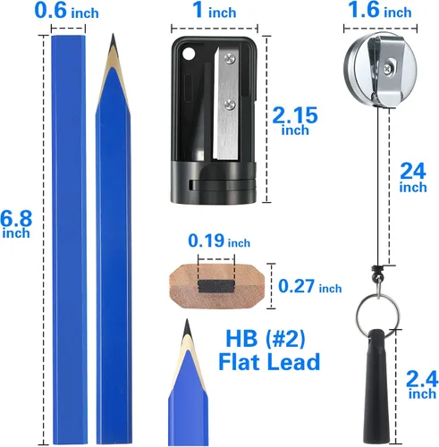 Vista 2 de Hiboom 14 lápices de carpintero, 7 pulgadas, octogonal plano, negro duro, lápices de marcado de carpintero con sacapuntas y soporte retráctil