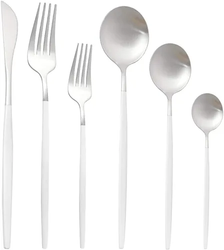 Vista 3 de Juego de cubiertos de 36 piezas de acero inoxidable 304 con acabado de manchas de color negro puro, cuchillo de vajilla de postre, tenedor, cuchara