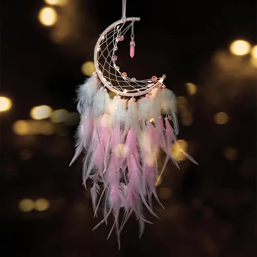Vista 8 de Dremisland Atrapasueños de luna con luces de hadas, cuentas colgantes de plumas hechas a mano de turquesa de la suerte, adorno para colgar
