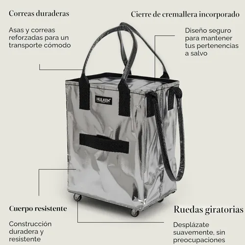 Vista 7 de HULKEN (Mediano, Plateado) Bolsa de Comestibles Reutilizable con Ruedas, Carrito de Compras, Bolsa Rodante, Cierre de Cremallera, Ligera, Soporta