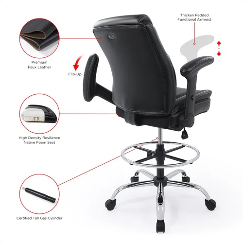 Vista 6 de Silla de dibujo ergonómica de piel sintética de alta calidad con brazos multifunción y anillo para el pie, escritorio de pie a juego, taburete