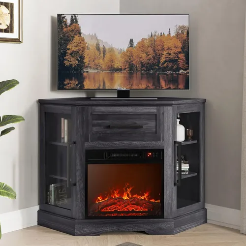 BELLEZE Soporte de TV de esquina de 43 pulgadas con calentador eléctrico de chimenea de 18 pulgadas para televisores de hasta 43 pulgadas, moderno