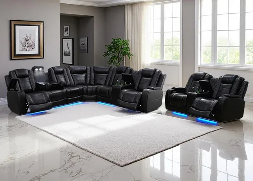 Vista 25 de Juego de sofá seccional reclinable eléctrico con luz LED, sofá esquinero reclinable de cuero y silla, muebles reclinables de teatro