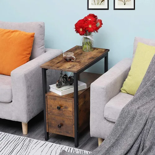 Vista 7 de HOOBRO End Table, Narrow Chairside Table with Drawer and Open Storage Shelf, Nightstand for Small Spaces, Stable and Sturdy Construction, Wood Look