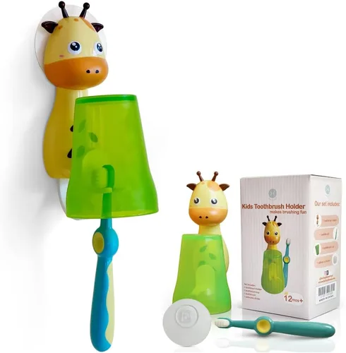 Giraffe - Soporte para cepillo de dientes para niños, montaje en pared, cerdas ultra suaves, soporte para cepillo de dientes colgante