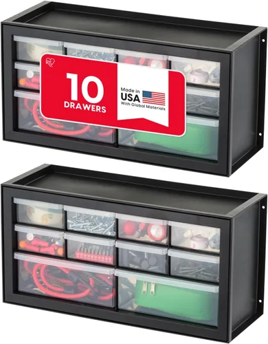 IRIS USA Cajones de almacenamiento pequeños de plástico, 10 cajones - 2 paquetes, caja de herramientas para maestros apilable, organizador de piezas