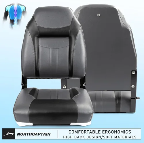 Vista 2 de NORTHCAPTAIN S1 Deluxe - Un par de asientos de barco de pesca plegables con respaldo alto/respaldo bajo, tornillos de acero inoxidable incluidos