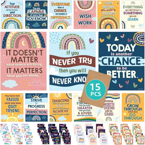 Vista 9 de Decorably 15 pósteres inspiradores de confeti para aula, 11 x 14 pulgadas, decoración de laminado mate, para escuela, pasillos, tablones