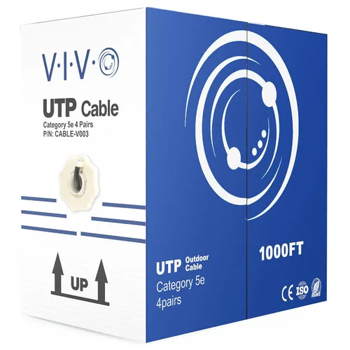 Vista 11 de VIVO Cable Cat5e a granel impermeable de 500 pies, cable Ethernet CCA, caja de extracción UTP, entierro directo al aire libre, negro, CABLE-V011