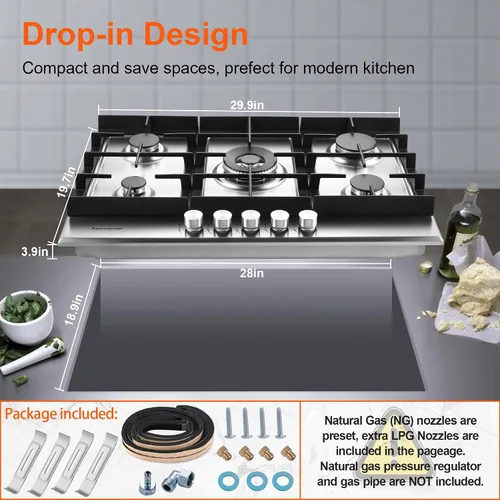 Vista 6 de Eascookchef Placa de cocina de gas de 30 pulgadas, estufa de gas con 5 quemadores de alta eficiencia, placa de cocina de propano de acero inoxidable