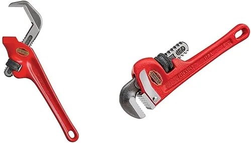 RIDGID 31305 Modelo E-110 Llave de tubo de 9.5" con boca hexagonal desviada, roja, fabricada en EE. UU. y 31010 Modelo 10 Llave de tubo recta