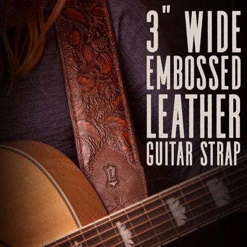 Vista 2 de Levy's Leathers Serie Sundance - Correa de guitarra de cuero repujado de 3 pulgadas de ancho, diseño premium de punta de flecha marrón, soporte