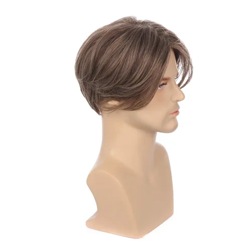 Vista 9 de Kaneles Peluca corta gris de repuesto sintético para hombre, disfraz de Halloween, cabello natural suave en capas (gris)