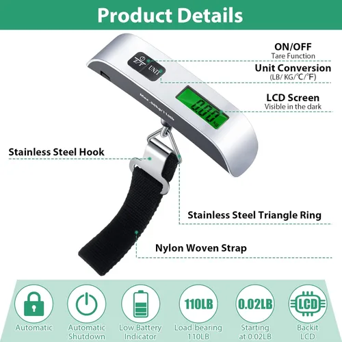 Vista 3 de Balanza digital de equipaje de viaje de 3 piezas, 110 libras, báscula digital de mano para maleta, bolsa de viaje portátil con gancho, batería