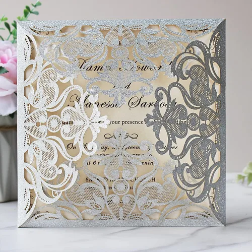 Vista 9 de Hosmsua 50 tarjetas de invitación de boda negras cortadas con láser con sobres, invitaciones de rosa hueca de 6.3 x 6.3 pulgadas para boda