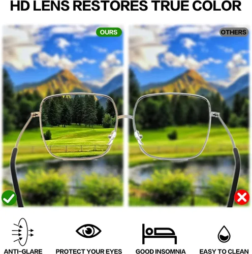 Vista 7 de Oversized Square Metal Reading Glasses Women Men, Large Anti Eyestrain Eyewear, Blue Light Blocking Computer Readers Oro