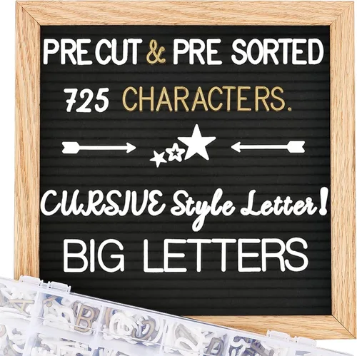 Tablero de letras de fieltro – precortadas y clasificadas, 725 caracteres blancos y dorados, letras cursivas, grandes, cambiables con soporte,