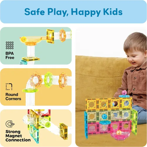 Vista 6 de PicassoTiles 60 piezas de azulejos magnéticos, bloques de construcción de tamaño para viajes, juego de juguetes de construcción de carreras