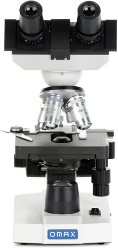 Vista 6 de Microscopio compuesto binocular LED lab 40X-2000X Omax con doble capa, etapa mecánica y coaxial fino/grueso, perilla de enfoque