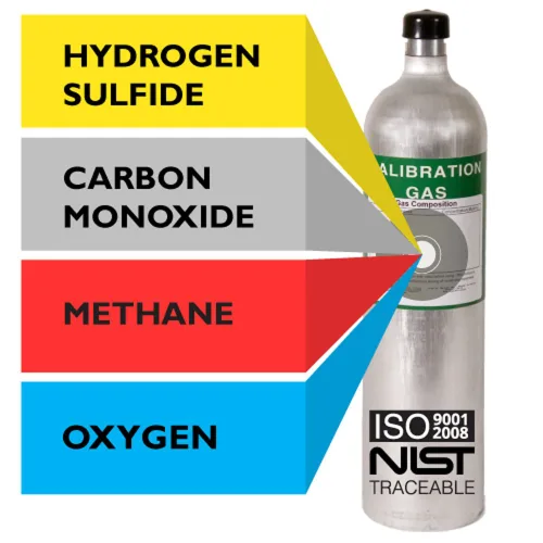 Mezcla de gas de calibración múltiple: 25 PPM de sulfuro de hidrógeno, monóxido de carbono 100 PPM, metano al 2,5% (50% LEL), 18% de oxígeno,