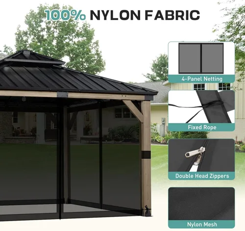 Vista 8 de Aoodor Mosquitera Universal para Gazebo de 10 x 10 pies, 4 Paneles Laterales de Repuesto con Cremalleras Dobles para Patio, Patio Trasero, Terraza