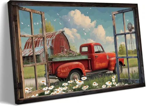 RTWIB Lienzo decorativo para pared de ventana de granja, impresiones de camiones de campo, cuadros de granero vintage, pintura rústica con marco de
