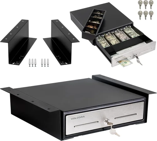 Vista 9 de Volcora Cajón de caja registradora de 13" para sistema de punto de venta (POS), Bandeja de efectivo de 4 billetes y 5 monedas, Cajones delanteros