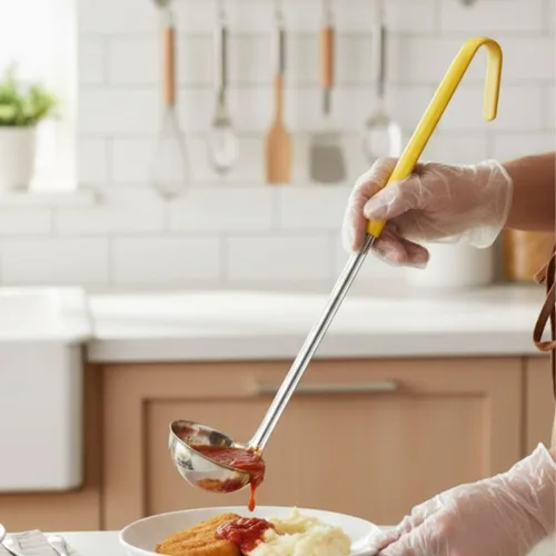 Vista 2 de Soro Essentials - Cucharón de acero inoxidable de una sola pieza de 1 onza con mango recubierto de color amarillo - Los mejores accesorios de cocina