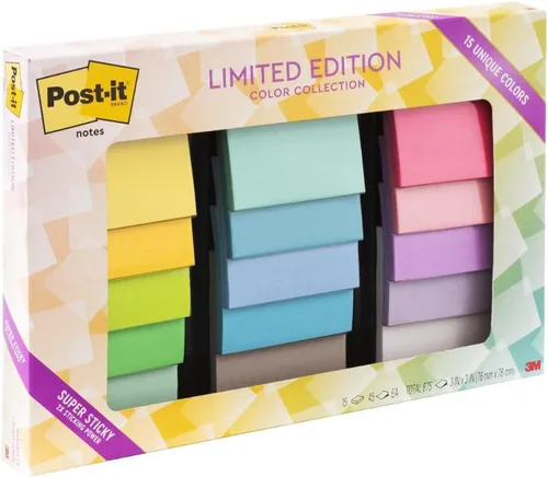 Post-it Notas súper adhesivas, colección de colores de edición limitada, 3 x 3 pulgadas, 15 blocs por paquete, 45 hojas/bloc