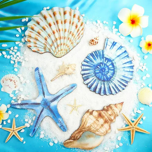 Vista 3 de Yookeer 4 piezas de decoración de pared de playa, decoración de pared de madera con conchas marinas, arte decorativo náutico costero del océano