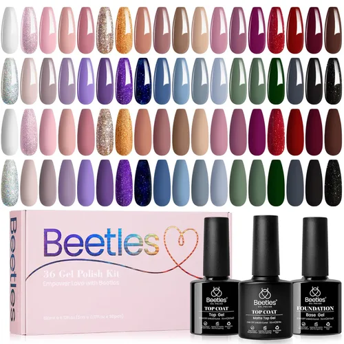 Vista 17 de Beetles - Juego de esmaltes de uñas de gel, 20 colores, rosa, blanco, negro, amarillo, rojo, kit de esmalte de gel con purpurina con calcomanías