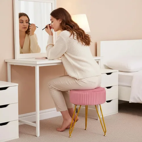 Vista 37 de Taburete de tocador de terciopelo, moderno taburete otomano con patas doradas ajustables, silla de maquillaje para tocador, silla de tocador pequeña