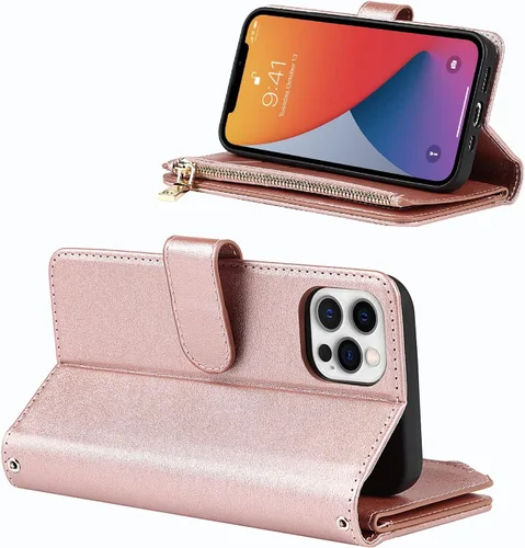 Vista 3 de Funda para iPhone 12 Pro Max para mujer con tarjetero, para iPhone 12 Pro Max, funda cruzada con correa para el hombro, bolsillo con cremallera