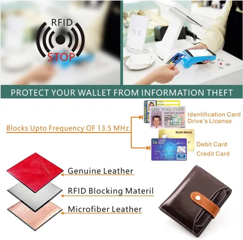 Vista 6 de ANDOILT Billeteras para mujer, de piel auténtica, pequeña, plegable, con bloqueo RFID, con bolsillo para monedas, ventana de identificación, Cartera