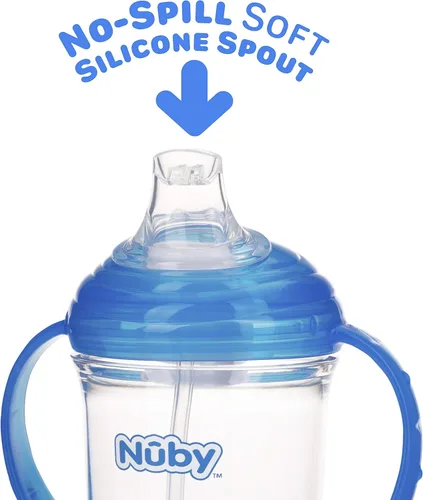 Vista 3 de Nuby 360 Grip N' Sip - Vaso Tritan, 8 onzas, popote con peso con cubierta higiénica, color azul