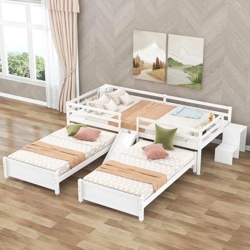 Vista 9 de Delicada cama de plataforma matrimonial sobre individual y individual con tobogán integrado, escalera de almacenamiento pequeña y barandilla