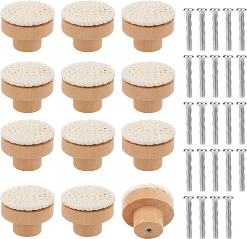 NQEUEPN 12 pomos de madera para cajones con 24 tornillos, tiradores de madera redondos de ratán bohemio con tornillos para armarios, manijas de