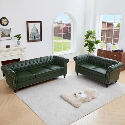 Vista 58 de QHITTY - Juego de 3 piezas para sala de estar, sofá seccional Chesterfield con silla contemporánea tapizada en cuero, sofás biplaza para sala