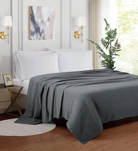Vista 4 de Manta de cama de 100 % algodón de alta calidad, tamaño Queen, color gris oscuro, ligera, transpirable, perfecta para usar en capas, cama, sofá