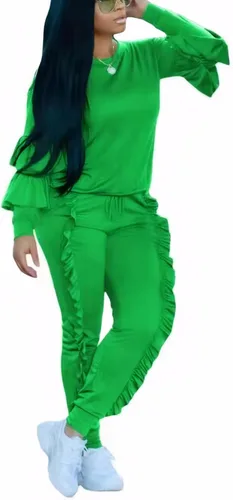 Vista 4 de KANSOON Conjunto deportivo de sudadera con mangas abombadas y pantalones largos con volados para mujer, 2 piezas