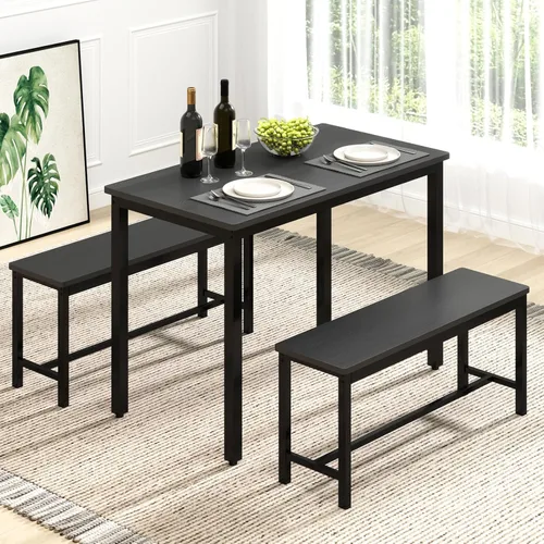 Vista 9 de Rovibek - Juego de mesa de comedor y sillas para 4, mesa de cocina moderna que ahorra espacio con 2 bancos y pies ajustables, mesa de desayuno